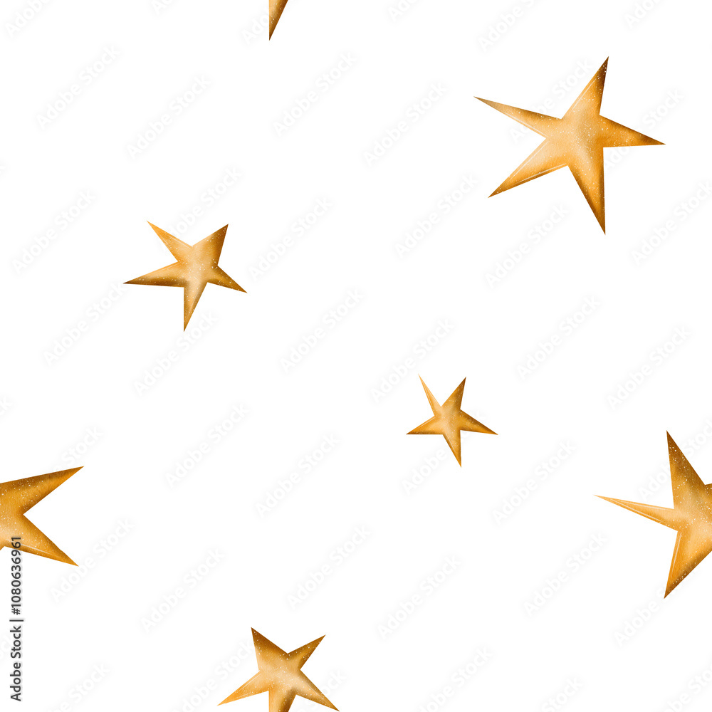 Abstract seamless pattern with gold stars. Glitter, texture element. For printing on fabrics, invitations, diplomas and other designs. Isolated on a white background, hand drawn in watercolor Abstract seamless pattern with gold stars. Glitter, texture element. For printing on fabrics, invitations, diplomas and other designs. Isolated on a white background, hand drawn in watercolor