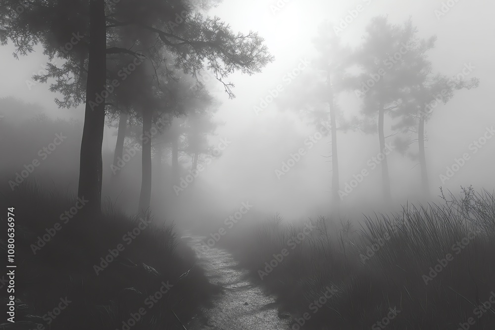 A misty forest path with tall trees and a stream. The path is barely visible through the thick fog, creating a sense of mystery and intrigue. A misty forest path with tall trees and a stream. The path is barely visible through the thick fog, creating a sense of mystery and intrigue.