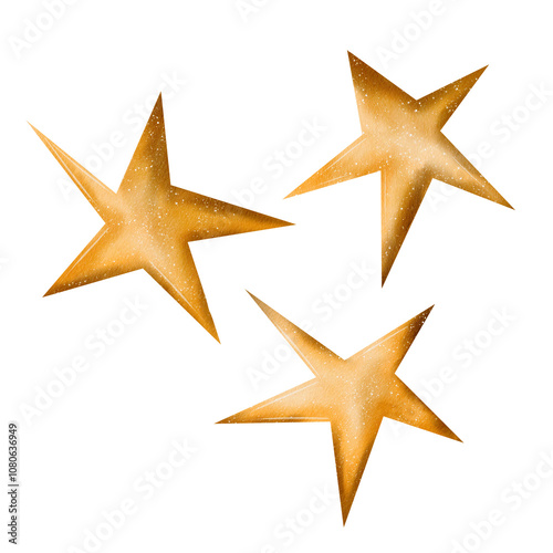Gold star. Set Hand drawn in watercolor on a white background. Isolated element for holiday, celebration, awarding, for print and design, decorations. Gold texture