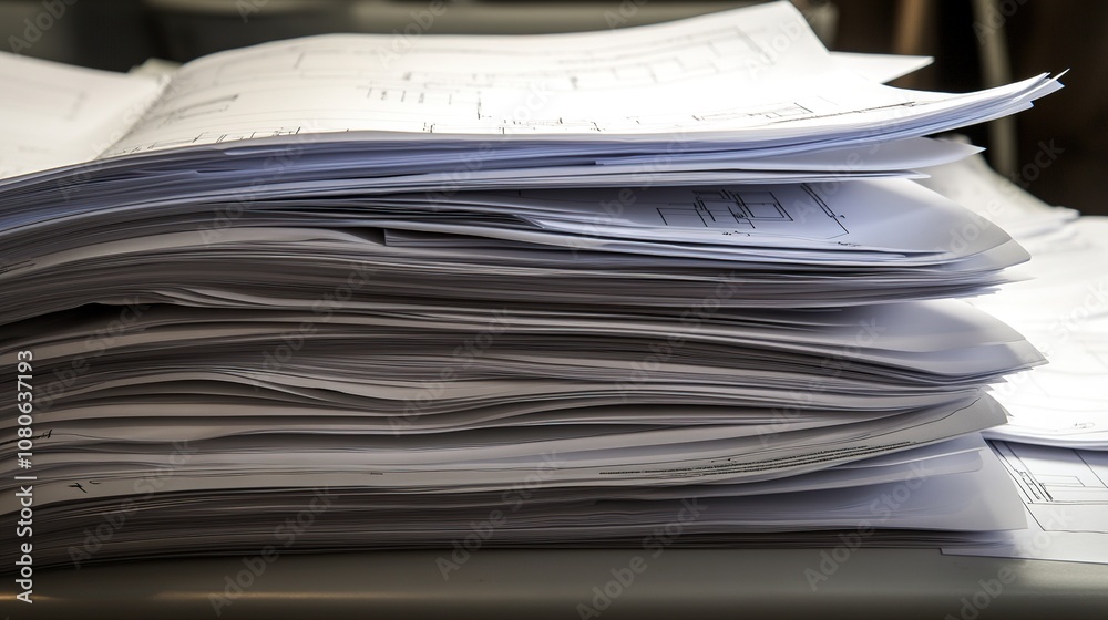 Piled Documents on Table in Office Environment Highlighting Cluttered Workspace with Technical Drawings and White Papers for Business and Administration Use