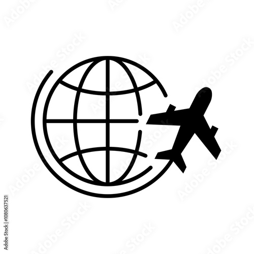 Globe plane icon. Simple solid style. Travel around the world, airplane, world map, globe, round, circle, transportation concept. Black silhouette, glyph symbol. Vector illustration isolated.
