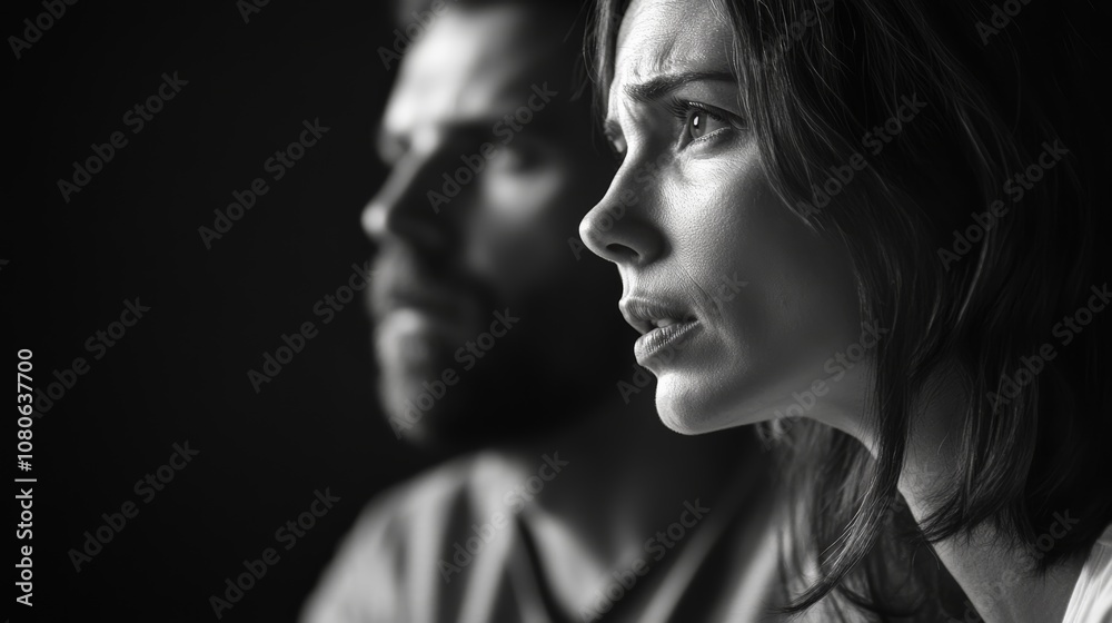 Worried couple watches television in a dimly lit room at night, absorbing shocking news with expressions of concern and fear, illuminated by the flickering light of the screen Worried couple watches television in a dimly lit room at night, absorbing shocking news with expressions of concern and fear, illuminated by the flickering light of the screen