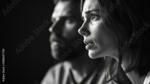 Worried couple watches television in a dimly lit room at night, absorbing shocking news with expressions of concern and fear, illuminated by the flickering light of the screen photo