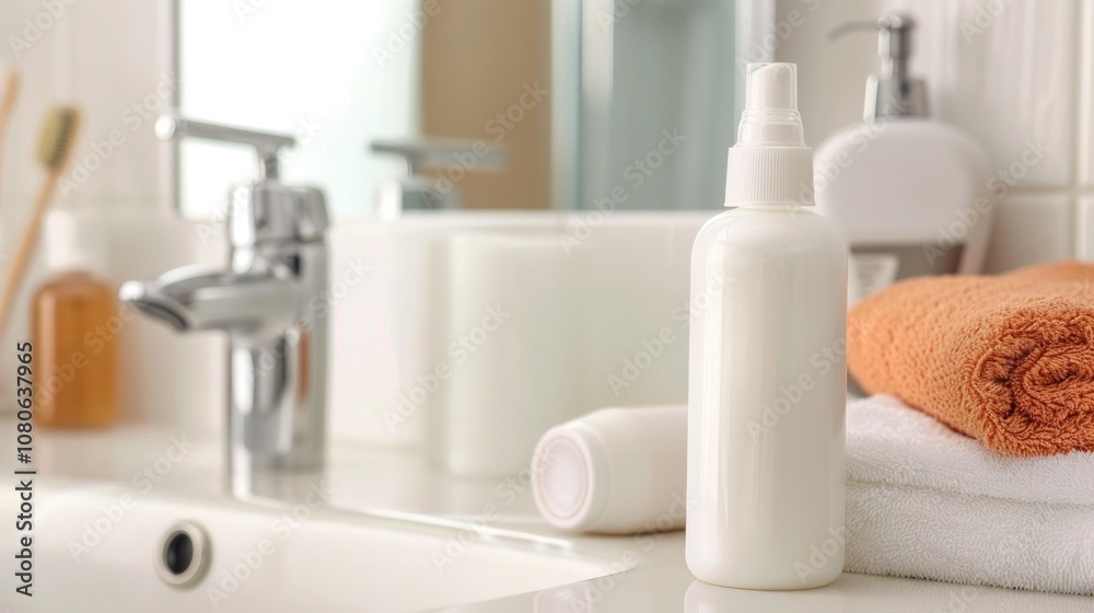 Bathroom counter with toiletries, towels, and soap dispenser Bathroom counter with toiletries, towels, and soap dispenser