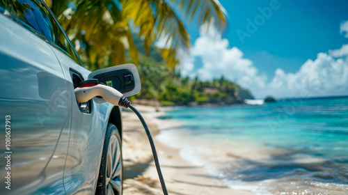 Electric car charging at tropical beach under blue sky and palm trees