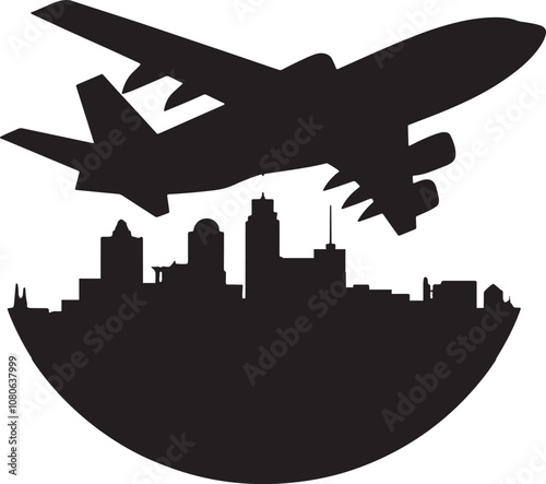 Modern Airplane Flying Over City Skyline Silhouette Vector Illustration Graphic