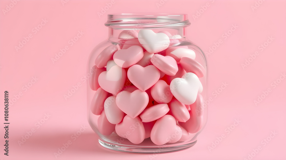 Heart shaped pills in glass jar on a pink background. Heart shaped pills in glass jar on a pink background.