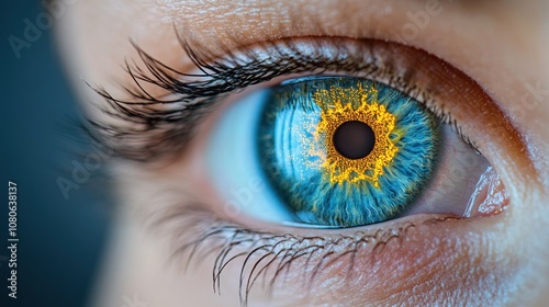 Close-up of a blue eye with a fiery, sun-like iris design.
