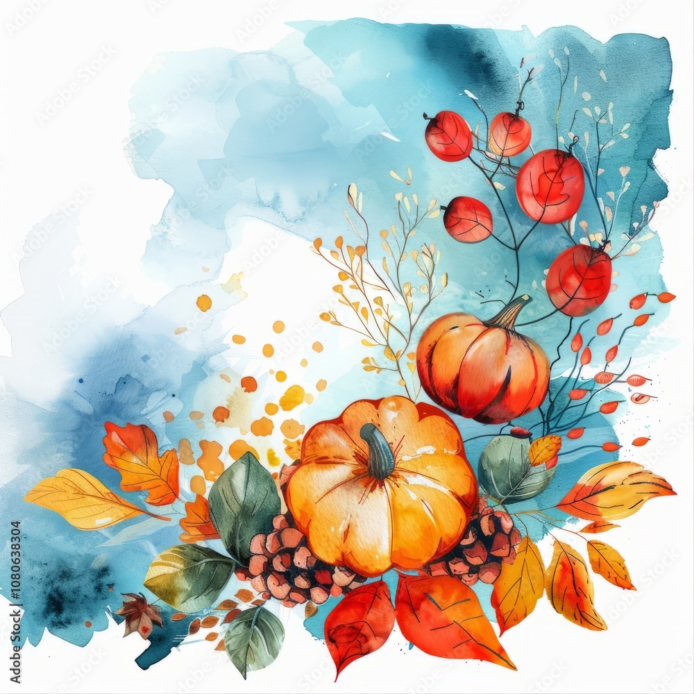 A painting of pumpkins and leaves with a blue background