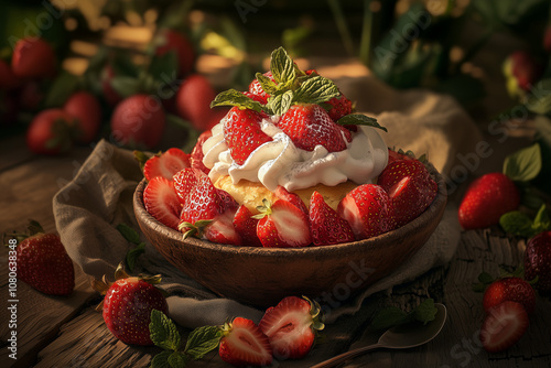 A bowl of strawberry shortcake, flaky pastry, creamy whipped topping, juicy strawberries, sprinkled with fresh mint, warm golden hour lighting, in a rustic garden setting