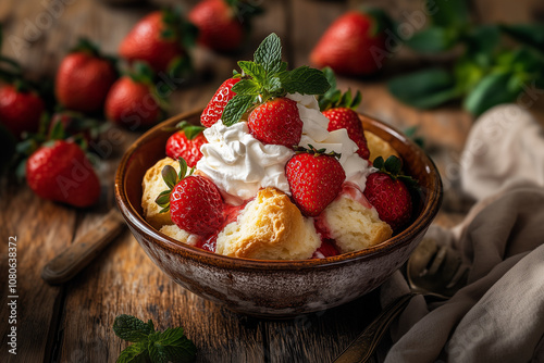 A bowl of strawberry shortcake, flaky pastry, creamy whipped topping, juicy strawberries, sprinkled with fresh mint, warm golden hour lighting, in a rustic garden setting