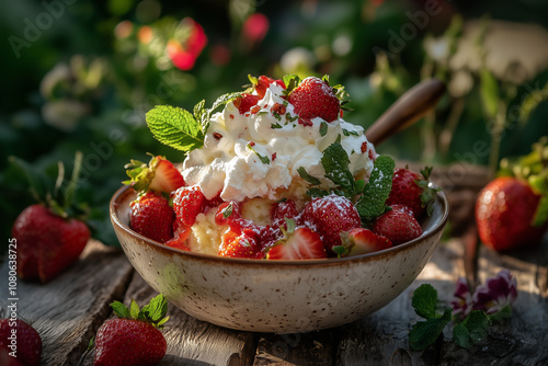 A bowl of strawberry shortcake, flaky pastry, creamy whipped topping, juicy strawberries, sprinkled with fresh mint, warm golden hour lighting, in a rustic garden setting