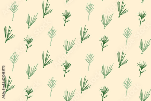 Pine branch pattern, seamless christmas tree texture, nature vector background on beige