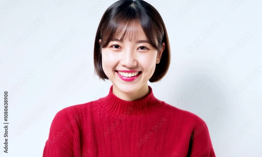 Cheerful Japanese Woman in Bright Sweater Smiling Against White Background Cheerful Japanese Woman in Bright Sweater Smiling Against White Background