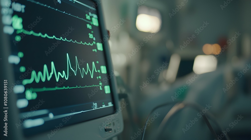 Hospital Monitor Close-Up Flatline Display with Green Line on Dark Screen Reflective Medical Equipment Glow - Detailed View of Vital Signs and Equipment Wear Hospital Monitor Close-Up Flatline Display with Green Line on Dark Screen Reflective Medical Equipment Glow - Detailed View of Vital Signs and Equipment Wear