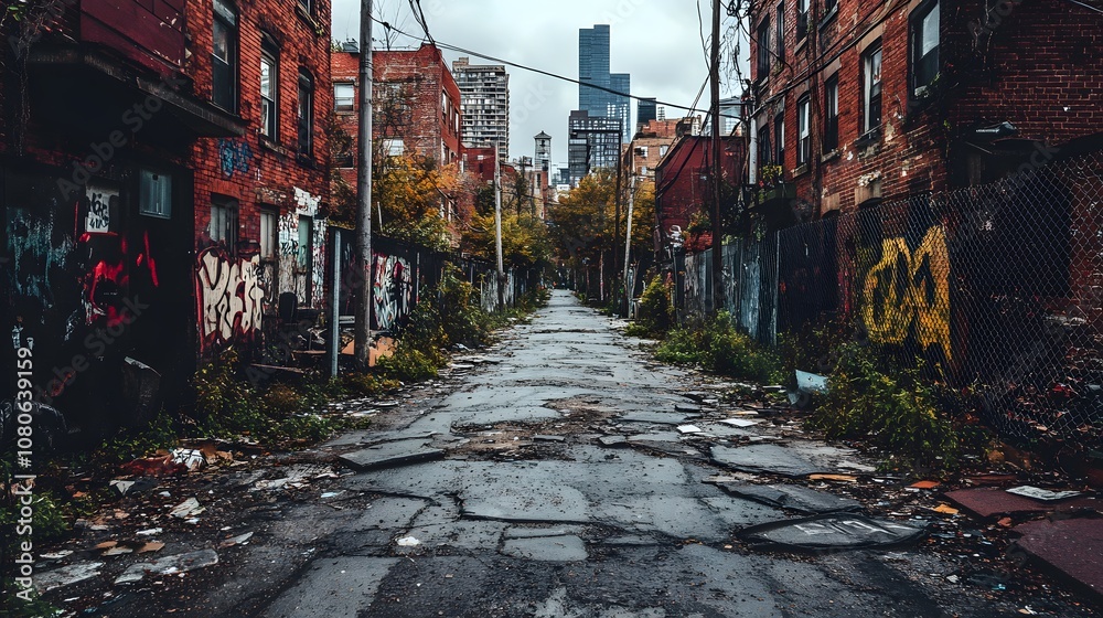 Fototapeta premium A narrow, deserted alleyway in a city with crumbling pavement and graffiti-covered walls, leading towards a skyline.