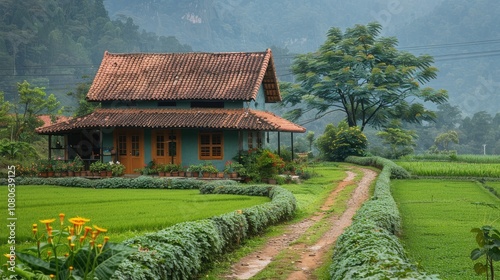A Rustic House in a Verdant Landscape with a Winding Path photo