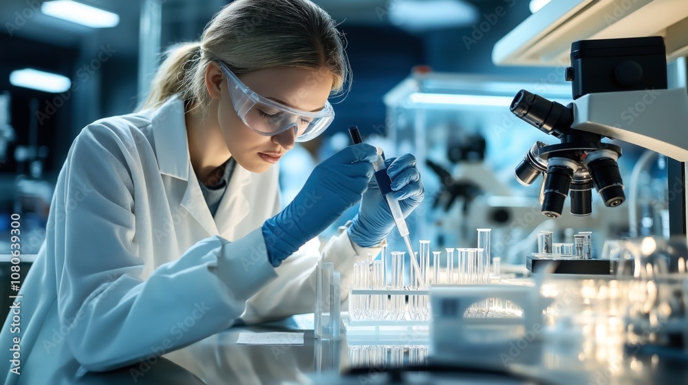 Female scientist in laboratory carefully conducting an experiment with pipette and test tubes, wearing protective eyewear and gloves near a microscope in a modern research facility. Female scientist in laboratory carefully conducting an experiment with pipette and test tubes, wearing protective eyewear and gloves near a microscope in a modern research facility.