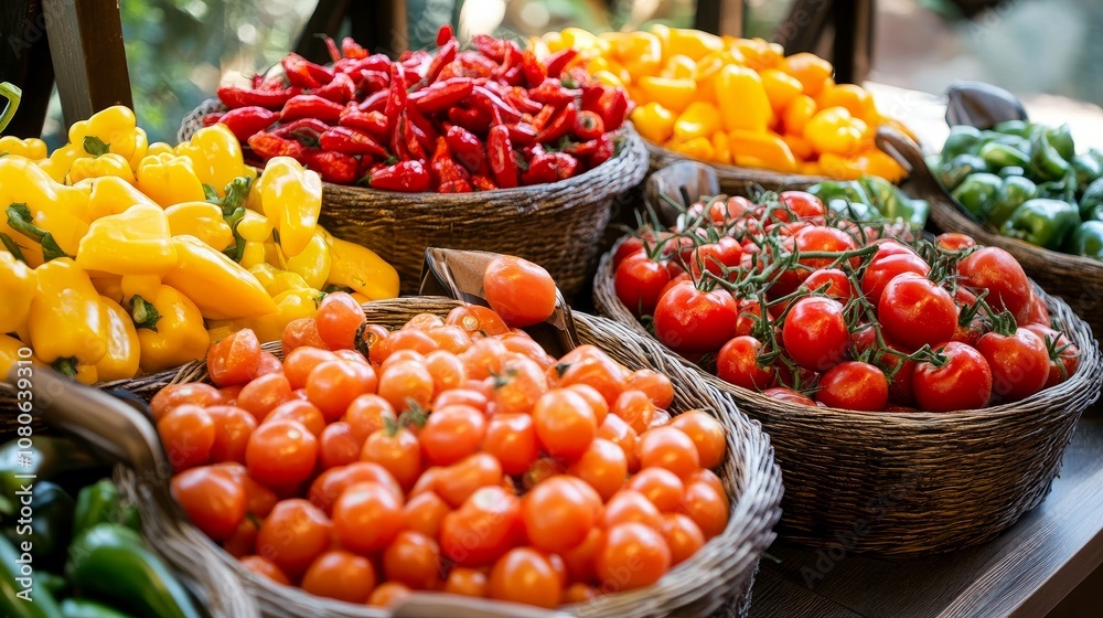 Crisp tomatoes and spicy peppers make up this vibrant lunch buffet. Perfect for nutritious deliveries that highlight tasty and fresh ingredients Crisp tomatoes and spicy peppers make up this vibrant lunch buffet. Perfect for nutritious deliveries that highlight tasty and fresh ingredients