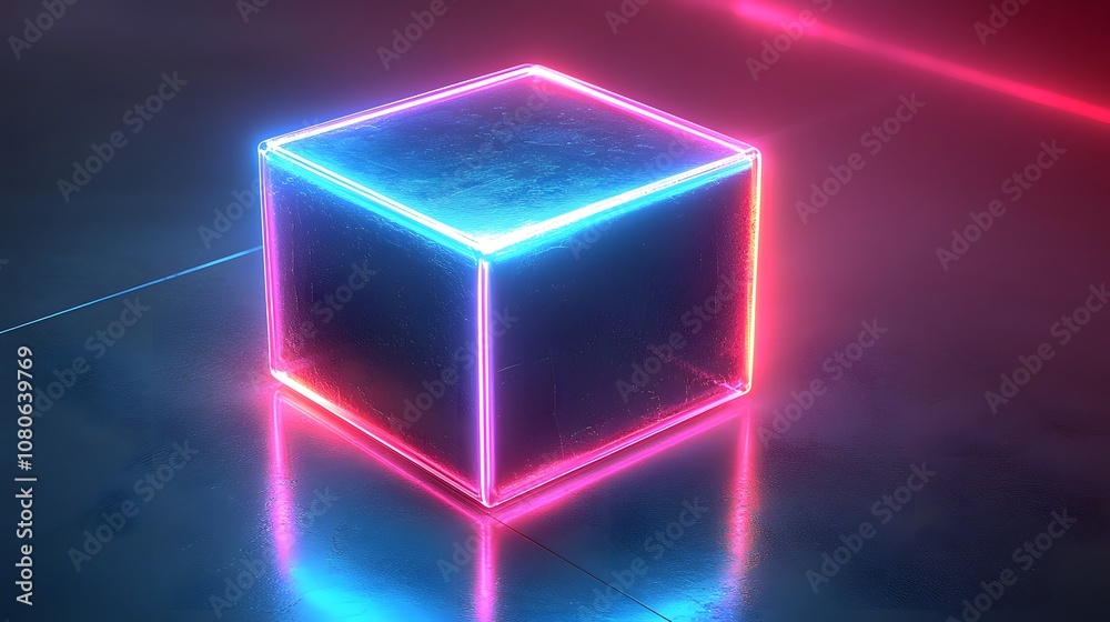 Glowing neon cube in a dimly lit modern space at night. Generative AI.