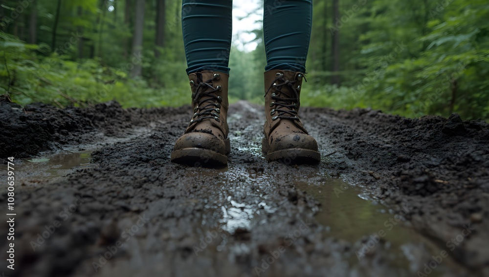 A person wearing boots is standing on a muddy road in the forest, with a low-angle view and focus on the shoes. A person wearing boots is standing on a muddy road in the forest, with a low-angle view and focus on the shoes.