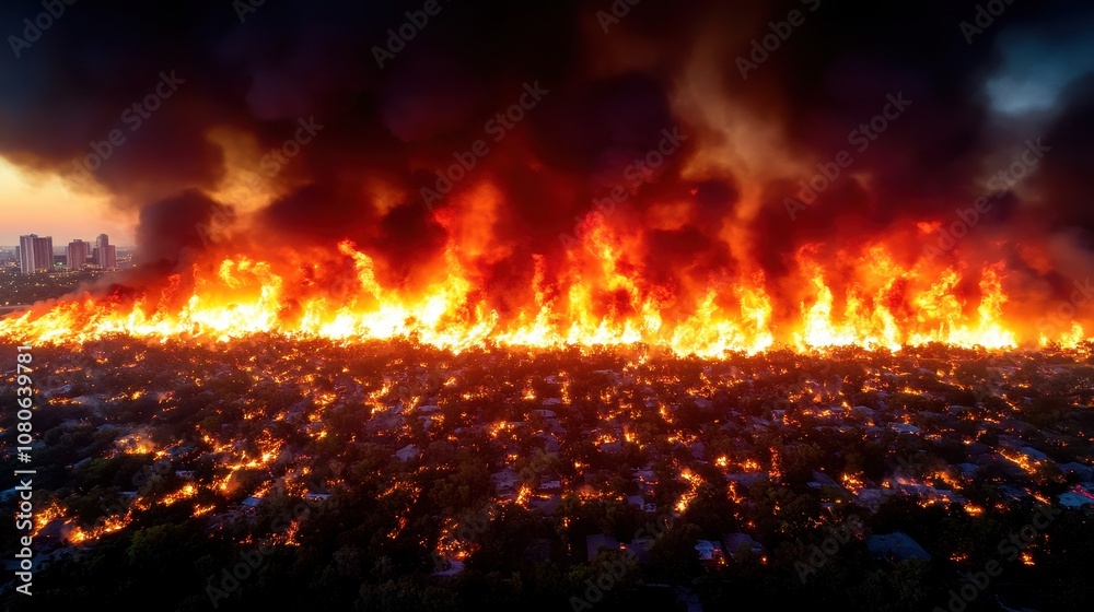 Aerial View of Firefighters Battling a Large Wildfire as Flames Engulf Landscape and Smoke Fills the Sky Over a Residential Area at Dusk Aerial View of Firefighters Battling a Large Wildfire as Flames Engulf Landscape and Smoke Fills the Sky Over a Residential Area at Dusk