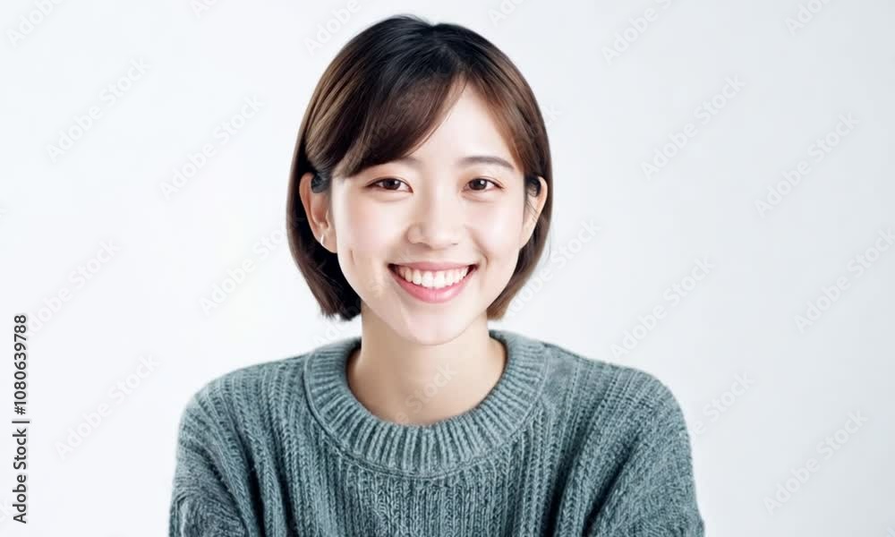 Cheerful Japanese Woman in Bright Sweater Smiling Against White Background Cheerful Japanese Woman in Bright Sweater Smiling Against White Background