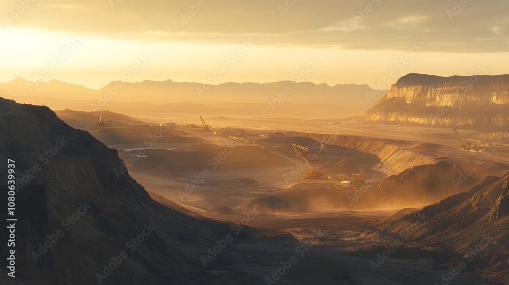 A picturesque sunset illuminates a vast open-pit mine, with heavy machinery working diligently in the foreground. A picturesque sunset illuminates a vast open-pit mine, with heavy machinery working diligently in the foreground.