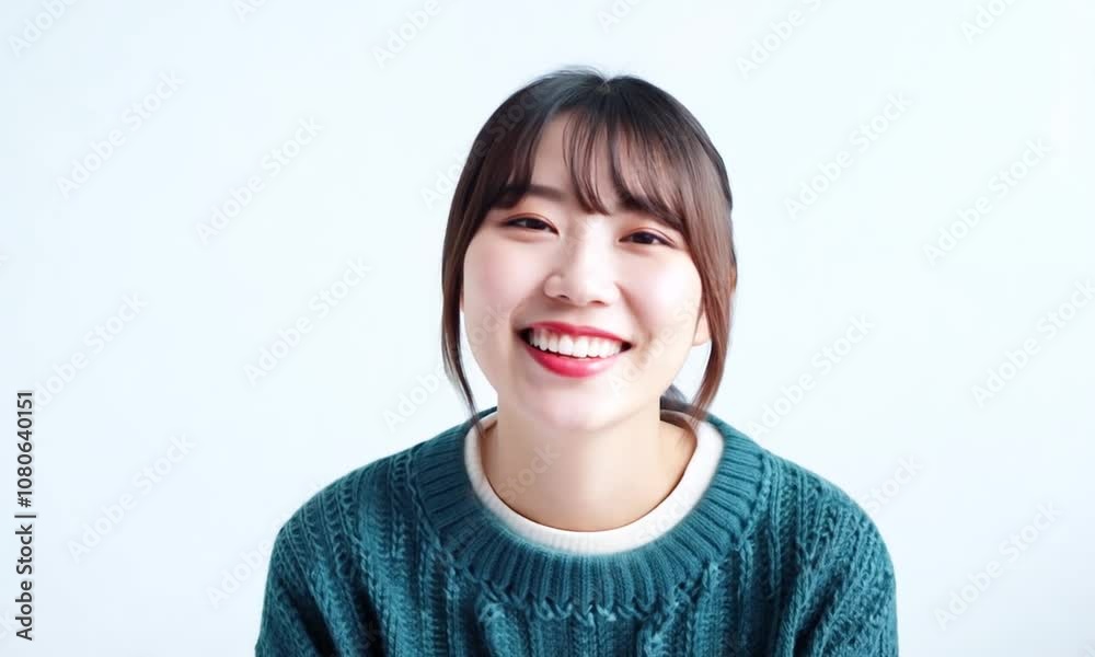 Cheerful Japanese Woman in Bright Sweater Smiling Against White Background Cheerful Japanese Woman in Bright Sweater Smiling Against White Background