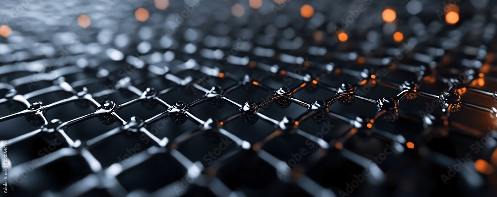 Fototapeta premium Abstract metallic grid structure reflecting orange lights: futuristic technology background