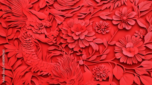 Wallpaper Mural Intricate Red Paper-Cut Design with Dragons and Phoenixes in Traditional Chinese Style Torontodigital.ca