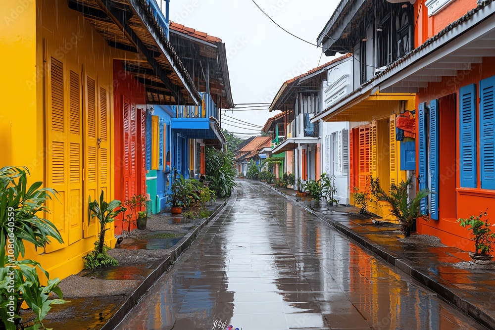 Obraz premium A narrow, cobblestone street lined with colorful buildings in a tropical town. Rain is falling and the street is wet.
