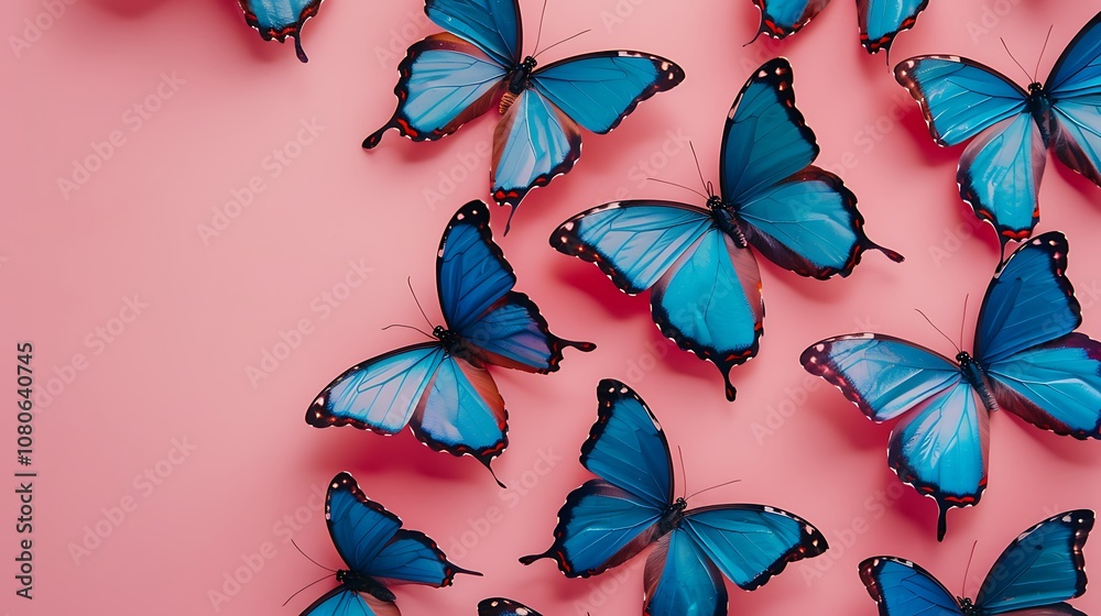 A vibrant arrangement of blue butterflies on a pink background, showcasing nature's beauty. A vibrant arrangement of blue butterflies on a pink background, showcasing nature's beauty.