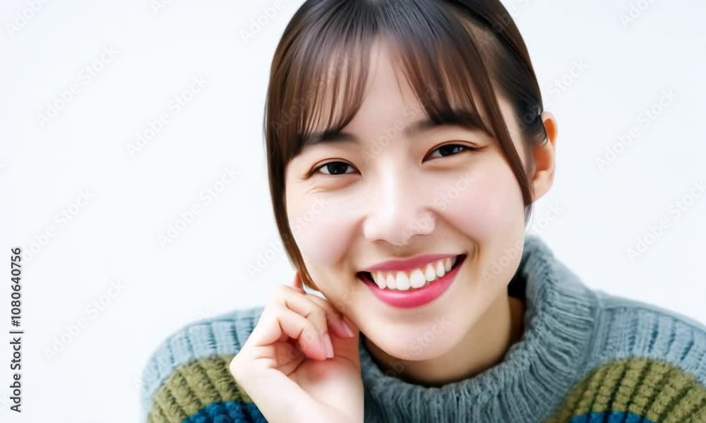 Cheerful Japanese Woman in Bright Sweater Smiling Against White Background Cheerful Japanese Woman in Bright Sweater Smiling Against White Background