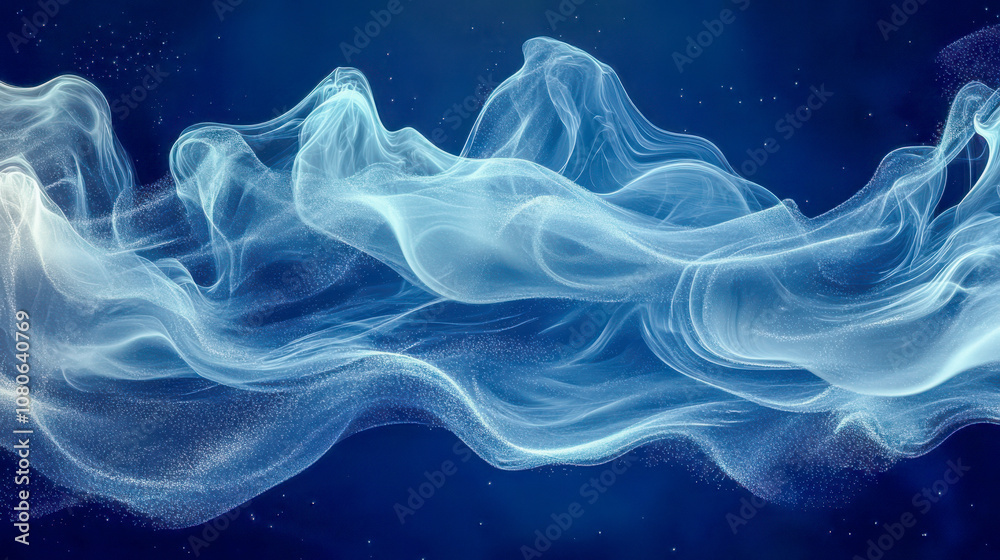 Ethereal white waves flowing against a deep blue background Ethereal white waves flowing against a deep blue background