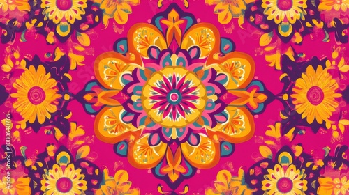 Colorful mandala pattern with floral elements on a vibrant pink background