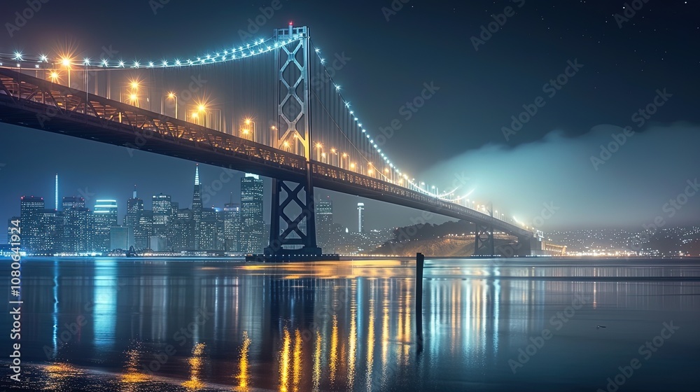 Naklejka premium San francisco skyline with bay bridge glowing at night