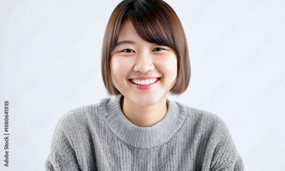 Cheerful Japanese Woman in Bright Sweater Smiling Against White Background Cheerful Japanese Woman in Bright Sweater Smiling Against White Background