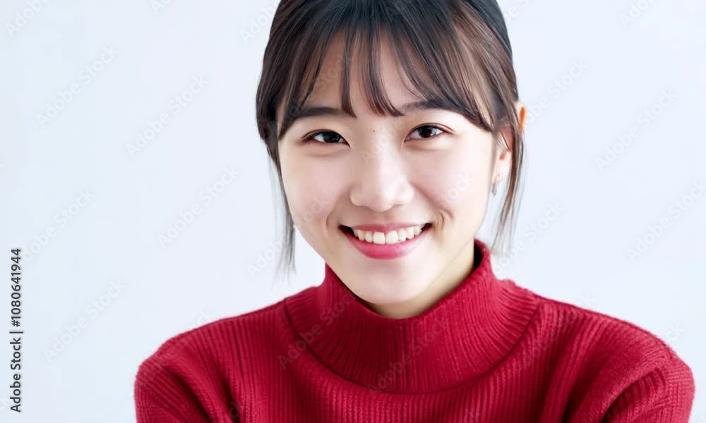 Cheerful Japanese Woman in Bright Sweater Smiling Against White Background Cheerful Japanese Woman in Bright Sweater Smiling Against White Background