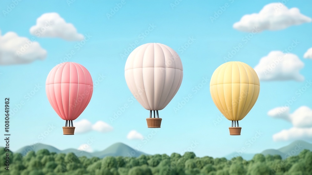 Naklejka premium Vibrant Hot Air Balloons Soaring Over Picturesque Landscape in Summer Adventure