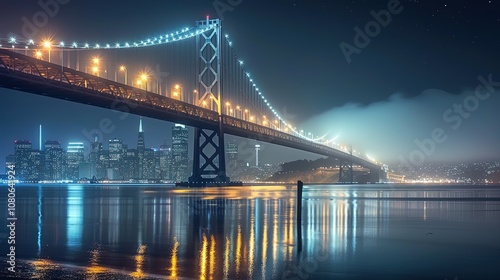 San francisco skyline with bay bridge glowing at night