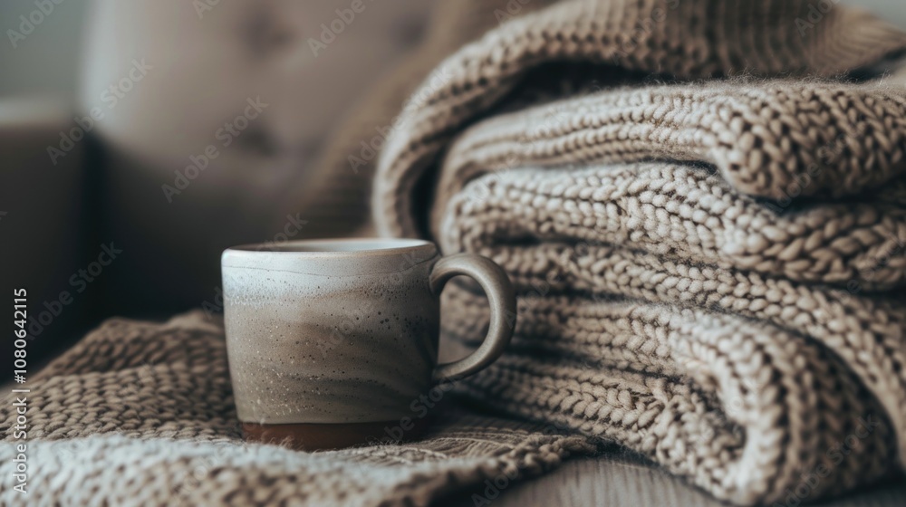 Cozy warmth with a ceramic mug and knitted blanket on a sofa Cozy warmth with a ceramic mug and knitted blanket on a sofa