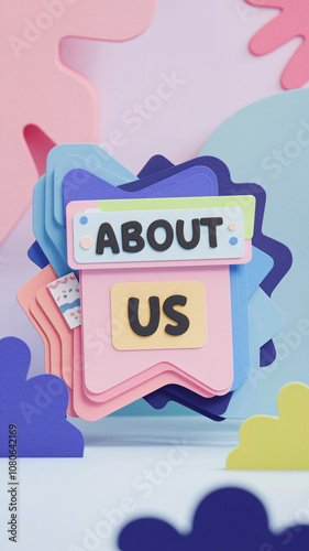 "About Us" text on colorful layered paper shapes in pastel and vibrant tones, evoking a playful and artistic branding style, suitable for creative and modern presentations.