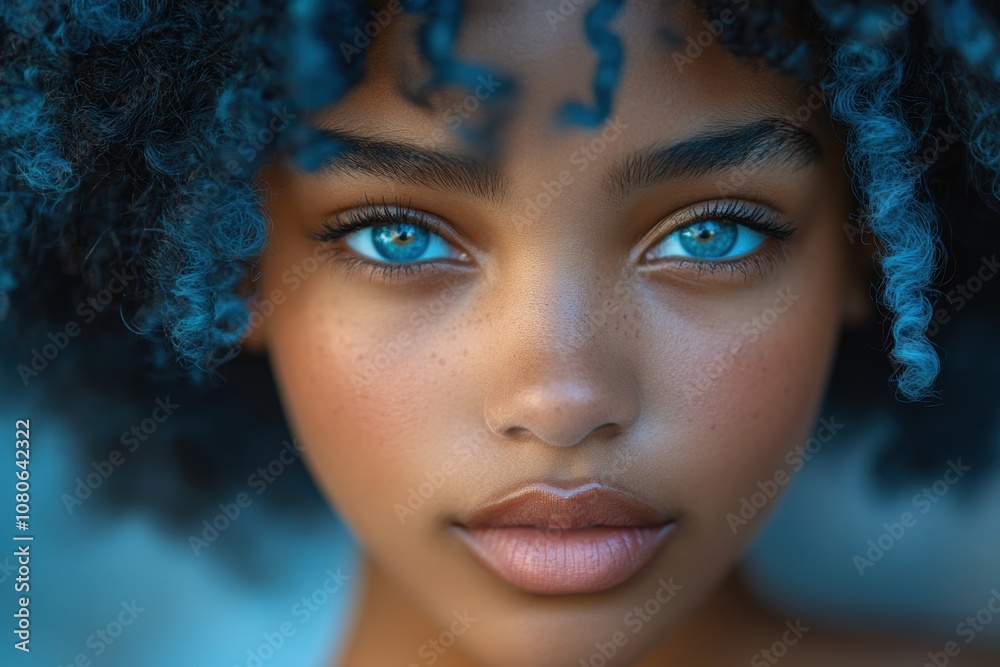 A captivating portrait of a person with striking blue eyes, framed by curly hair, showcasing intense beauty and natural facial details in close-up A captivating portrait of a person with striking blue eyes, framed by curly hair, showcasing intense beauty and natural facial details in close-up