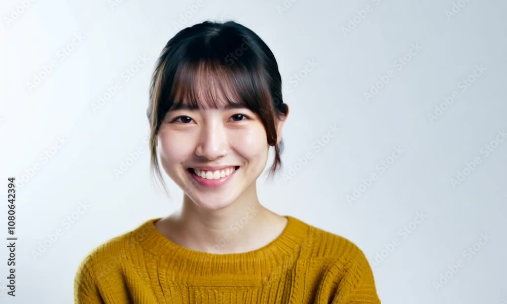 Cheerful Japanese Woman in Bright Sweater Smiling Against White Background Cheerful Japanese Woman in Bright Sweater Smiling Against White Background