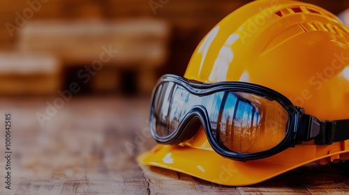 Bright Yellow Hard Hat and Protective Goggles on Wooden Surface Ready for Safety Equipment Use in Construction and Industrial Settings