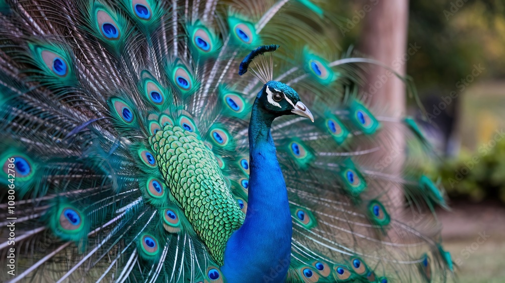 Obraz premium Vibrant Peacock Close-Up with Intricate Feather Patterns in Display