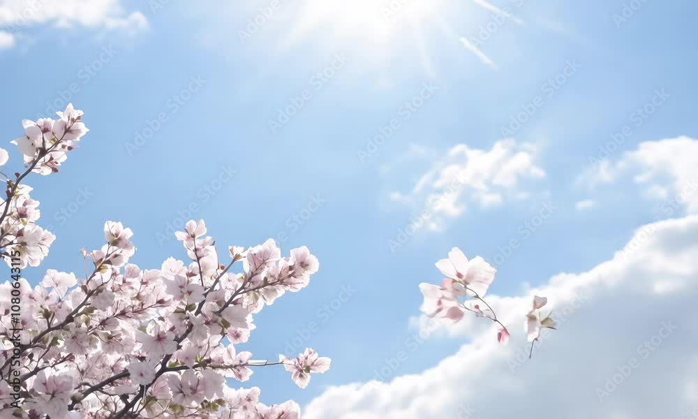 Cherry blossoms against a white-blue cloud background Cherry blossoms against a white-blue cloud background
