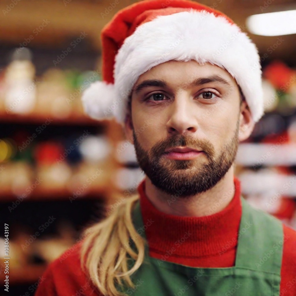 extreme macro portrait Christmas Elf man in toy Store background, very detailed, full 8k wide focus, portrait