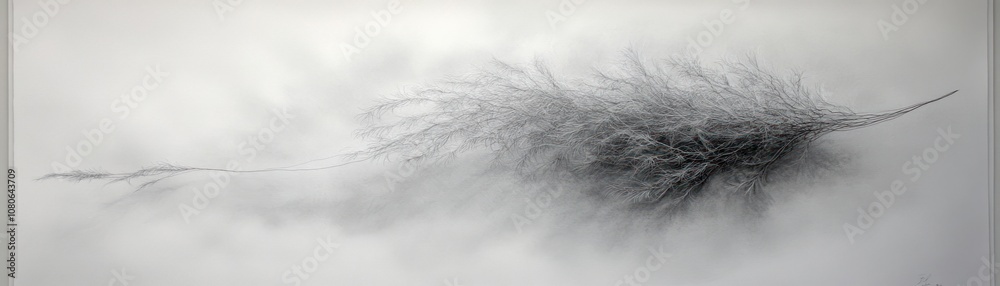 A delicate, monochromatic depiction of a wispy, floating form resembling organic matter. A delicate, monochromatic depiction of a wispy, floating form resembling organic matter.